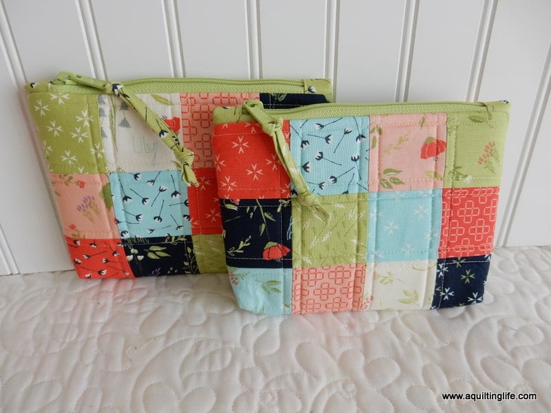 Patchwork Bag Tutorial featured by top US quilting blog, A Quilting Life: image of patchwork zipper pouches 